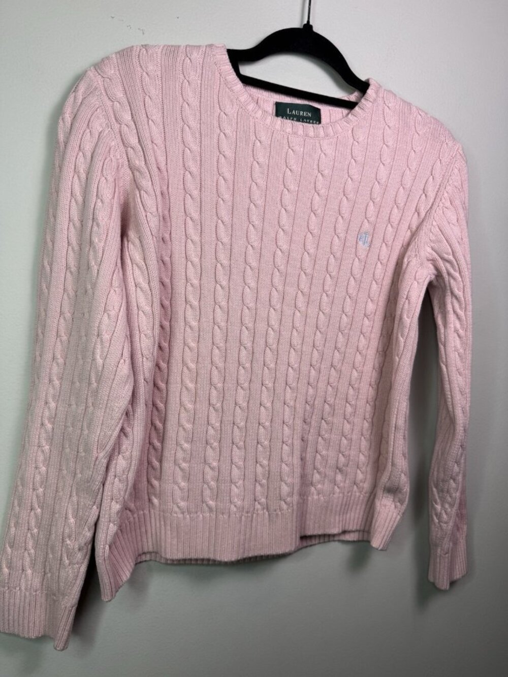 VTG Ralph Lauren Womens Cotton Cable Knit Crew Neck Sweater RLL Logo Pink L - Picture 9 of 14